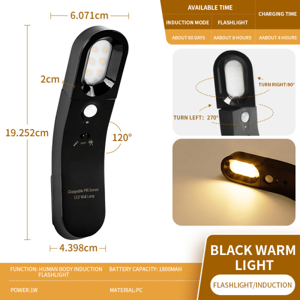 IC Ihmiskehon sensorivalo Led Energiansäästävä yövalo Käytävä Kävely Infrarpunasensori USB-lataus yövalo (musta kuori - lämmin valo)