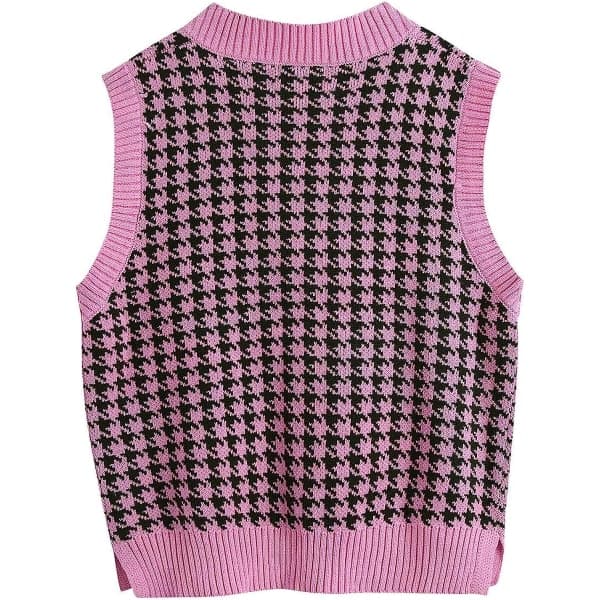 IC Kvinders Houndstooth Mønster Strikket Trøje Vest Ærmeløs Løstsiddende