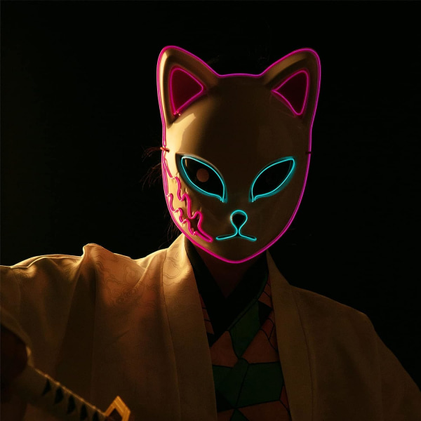 IC SINSEN Demon Slayer Rævmaske LED Cosplay Kattemaske Japansk anime Halloween kostume rekvisitter til børn Voksne Pink