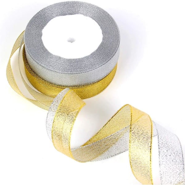 IC 2 rullar presentband guld och silver, 22 m satinband för att tillverka rosettband dekorativt band för bröllop