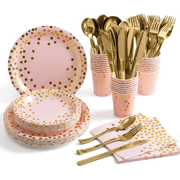 IC Rosa och guld festtillbehör – set serverar 25 guldprickar på rosa papperstallrikar Muggar och servetter, guldplastknivar, skedar gafflar