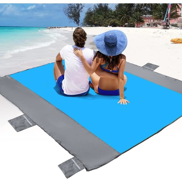 IC Strandtæppe, sandfri strandmåtte ?108\"x85,2\"/83\"x78\" til 7 personer, ekstra stor strandtæppe Vandafvisende sandtæt med 6 pløkke