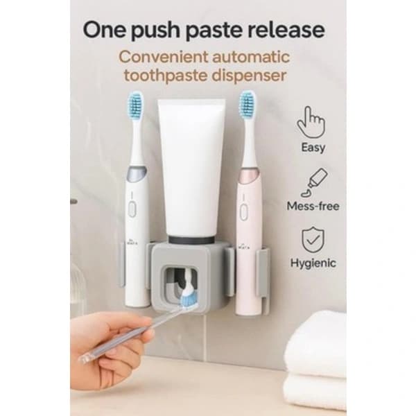 Væghængt tandbørsteholder og tandpasta dispenser