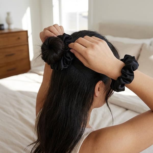 6-pak sorte satin scrunchies til kvinder, bløde silkebløde elastiske hårelastikker, skånsomme brede hårbånd til hestehaler, knolde, daglig brug og fest