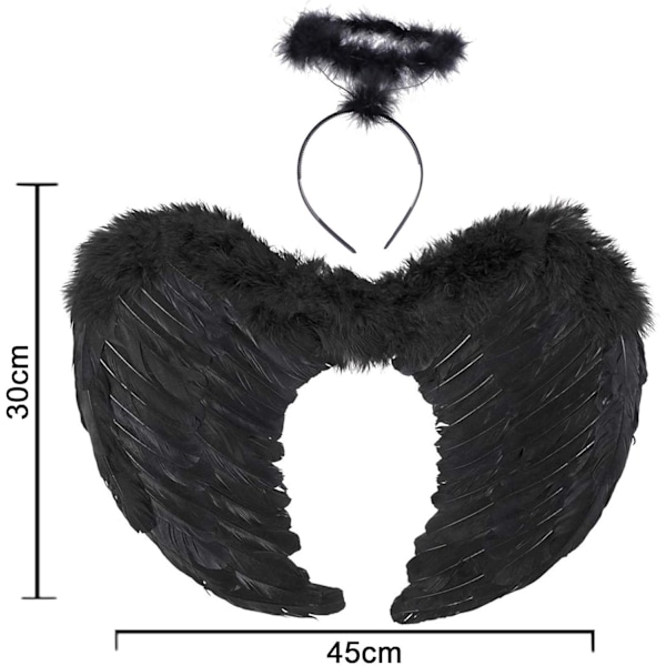 Änglavingar, Svart, Änglakostym för kvinnor, med gloria och svarta vingar, för flickor, fjäder vingar Fallen angel wings - black-45 cm