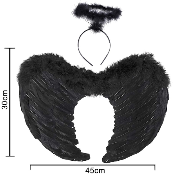 Englevinger, Svart, Engelkostyme for Kvinner, Med Glorie og Sorte Vinger, for Jenter, Fjærvinger Fallen angel wings - black-45 cm