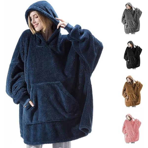 Hættetrøje-tæppe, Oversized Sherpa Hættetrøje, Bærbar Hættetrøje-tæppe, Super Blød Varmt Behageligt Tæppe-Hættetrøje, One Size Passer Alle Voksne Dark Blue