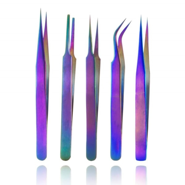 IC Rainbow Rustfrit Stål Pincet Sæt Antistatisk Præcisionspincet Sæt Til Vippeextensions Ansigtshår Øjenbryn Nail Art, 5 stk