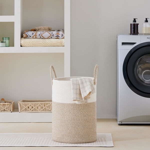 IC Stor tvättkorg, hög vävd repförvaringskorg för filt, leksaker, smutsiga kläder i vardagsrum, badrum, sovrum - 58L vit och brun