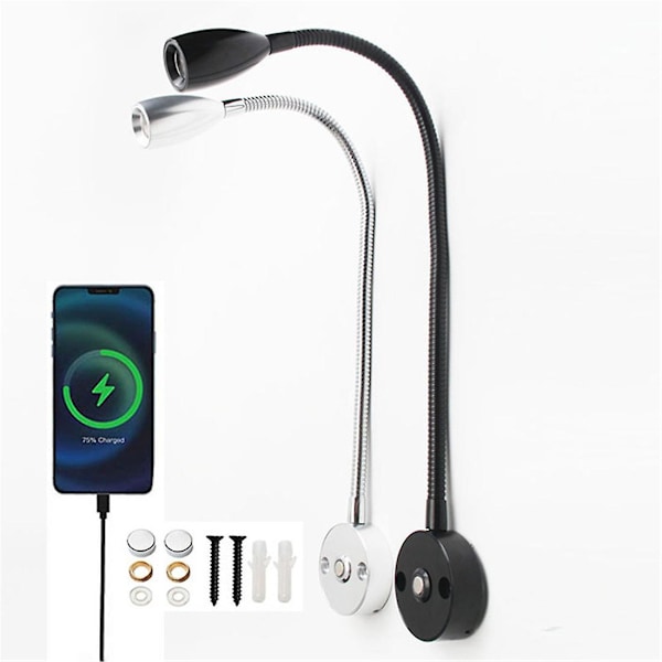 Svart Silver DC12V 24V 3W Husvagn Båt LED Läslampa med USB-laddningsport, Svängbar Touch Dimbar Yacht Lastbil Kartlampa [DB] black 6000K