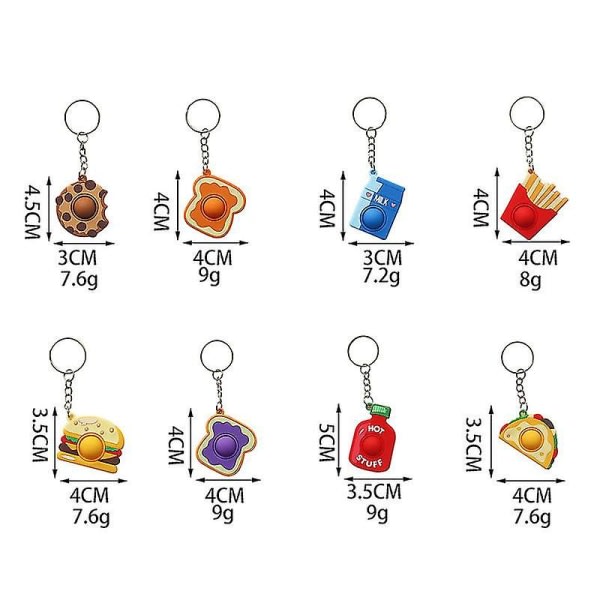 8 stk Nøgleringhæng - Donut + Hamburger + Pommes Frites + Mælk + Skåret Brød + Pizza + Cola + Lilla Toast IC