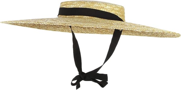 Dame stråbåthatt bred brem flat topp med hakestropp for solbeskyttelse på stranden beige 12 cm brem