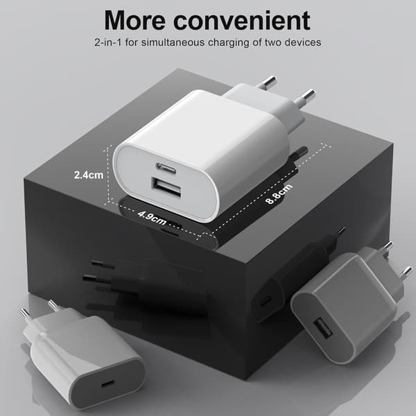 USB-C laddare, 20W dubbla USB-C portar, strömadapter