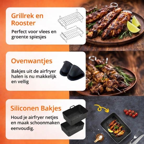 Tilbehørssæt til airfryer, dobbelte airfryer-riste, silikonekurve, bagepapir, tang og børste til Ninja airfryere, sort