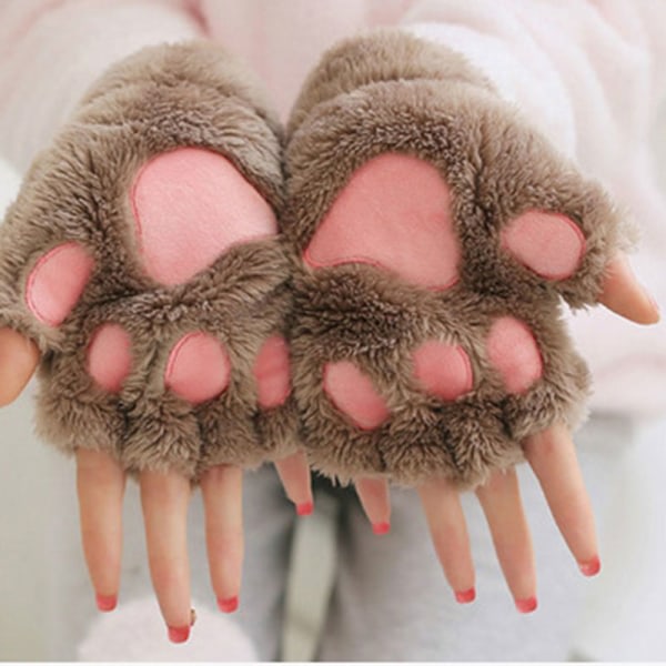 Sødt Katte Kitten Claw Bear Paw Fingerløse Faux Fur Plys Handsker til Piger Kvinder Vinter Vinrød