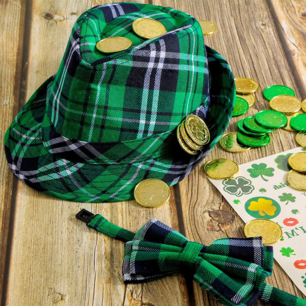 IG St Patrick's Day Grön pläd hatt og fluga Irish Party sæt