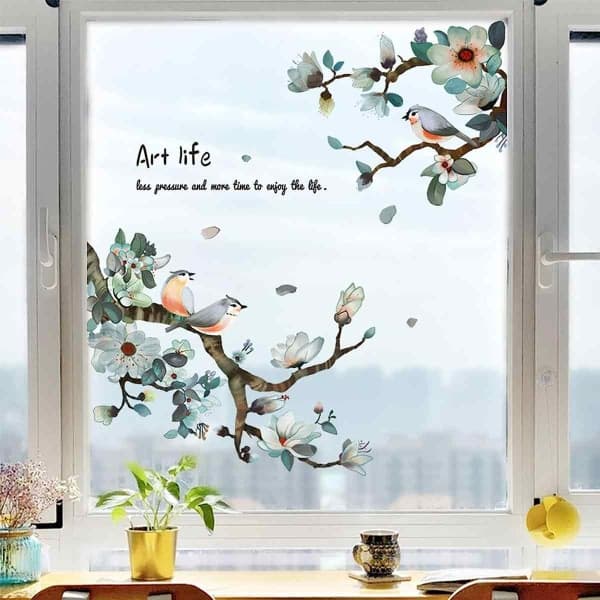 IC 2 set Birds on Blossom Branches Window Clings, avtagbar grön