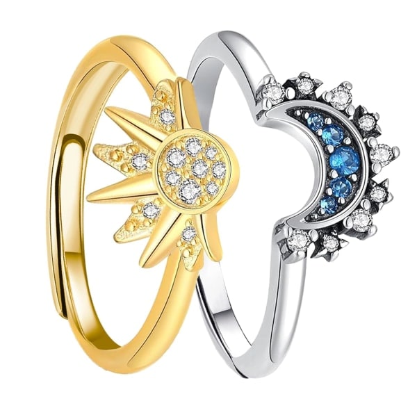 Sol- og Måne Ring Sæt Stabelbare Ringe, Valentinsdag Gave Justerbare Himmelsmykker Matchende Ringe Som Venskabsringsgaver