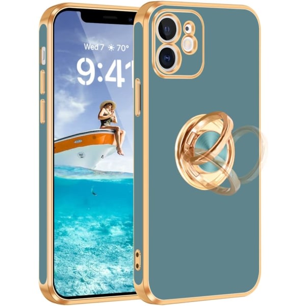 IC iPhone 12 case, iPhone 12 case med ringställ, [360° roterbar ringhållare magnetiskt stativ], grå/guld