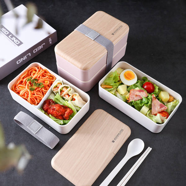IC Wood Grain Bento Dubbel Lunch Box Snack Box Delad Lunch Box
