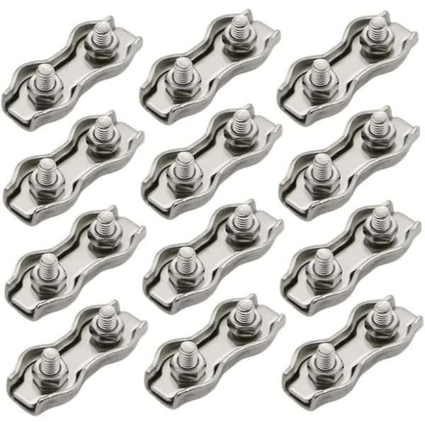 IC M4 Heavy Duty Rustfritt Stål Duplex Boltkabelklemmer for Tråd Klesline 12 stk Sølv