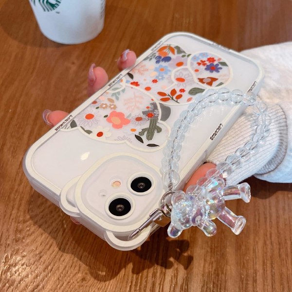 IC Kompatibelt iPhone 12 Deksel Klart Søtt Blomst Blomster med Nydelig Armbåndskjede for Jenter Kvinner Mønster med Bjørnører Myk TPU Girly-Bear