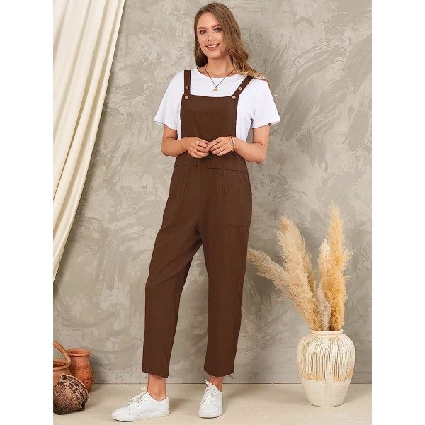 IC Kvinners Løse Overall Jumpsuit Casual Bukser $ XL Bomull og 01-Brun L
