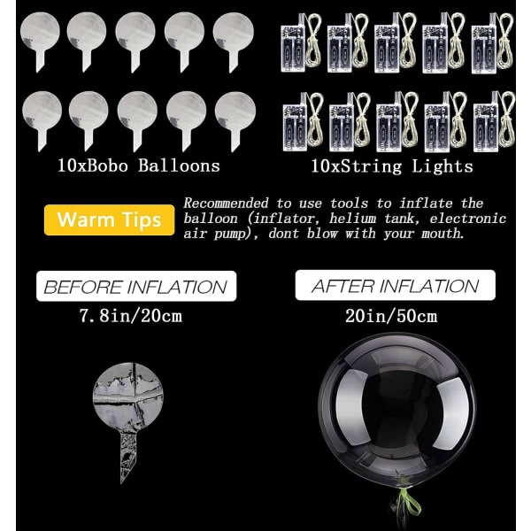 IC LED-ballonger 10 kpl, ljusballonger 20 tum klara heliumboboballonger, glödbubblaballonger med ljusslingor för alla hjärtans dag
