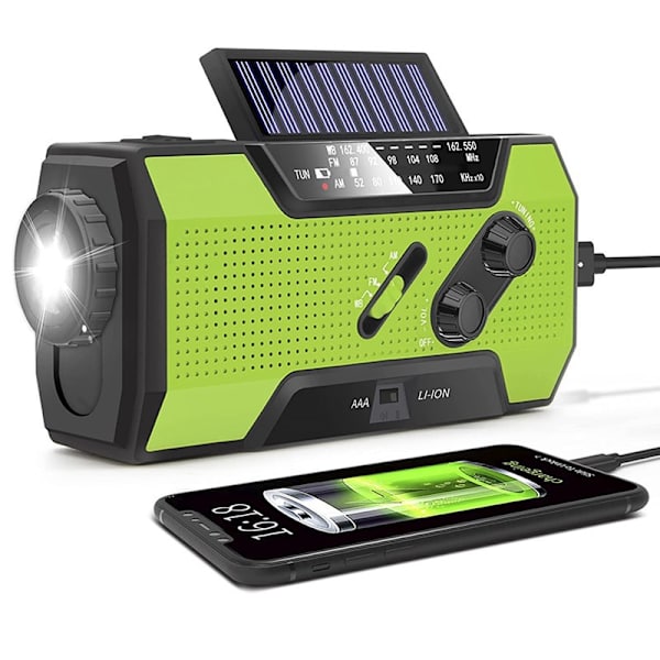 Solpaneler Håndsvinget FM AM NOAA Radio Bærbar Lommelygte Bordlampe Mobiltelefon USB Oplader Powerbank Udendørs LED Lys, 2000mAh Green