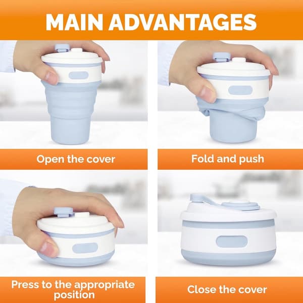 delar - 350ml - Blå - Hopfällbar - resemugg - silikon - Campingmugg - silikonmugg - mugg - med - lock