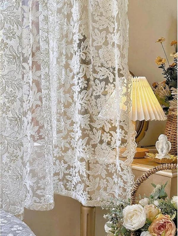 2-delade vita spetsgardiner - Broderad tyll med vågig kant - 130 x 250 cm per panel - För vardagsrum och sovrum