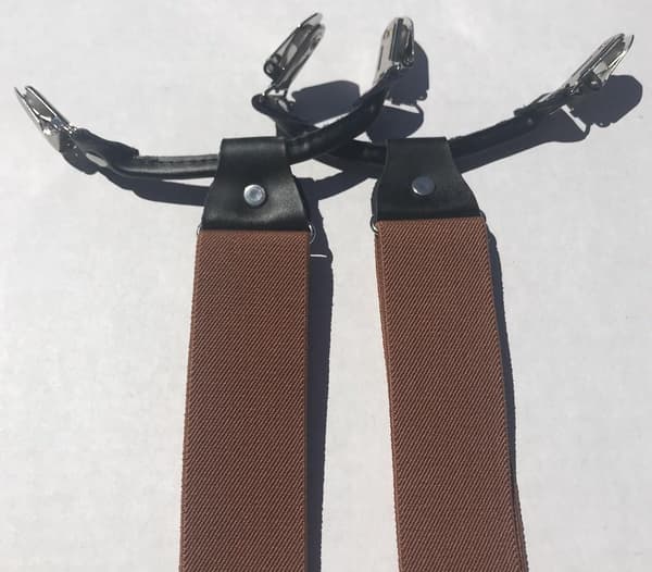 Justerbare seler, Y-ryg, elastisk polyester, sort læder midterstykke, 6 clips, unisex til arbejde og begivenheder, rustbrun, 35 mm x 120 cm