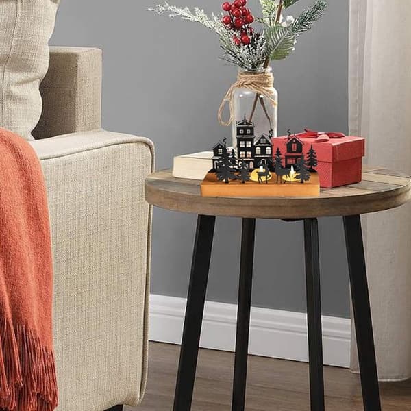 Julelysestake, svart metall og tre, juletredesign, rustikk juleborddekorasjon for spisestuer, liten