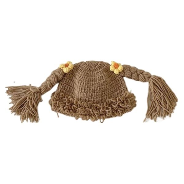 IC Sød Baby Pige Beanie Hat Pigtail Fletning Paryk Cap Hæklet Strikket Vinterhue til Børn Børn i alderen 6-48 måneder Motorhjelm Cap Khaki