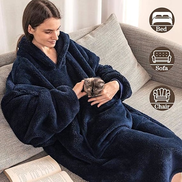 Hættetrøje-tæppe, Oversized Sherpa Hættetrøje, Bærbar Hættetrøje-tæppe, Super Blød Varmt Behageligt Tæppe-Hættetrøje, One Size Passer Alle Voksne Dark Blue