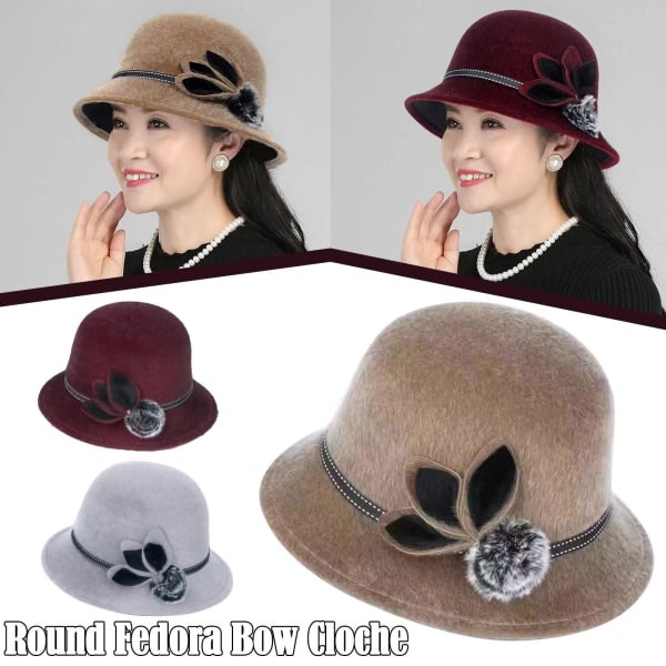 Dam Dam Vintage Ull Rund Fedora Bøjle Cloche Derb Filt Bowler vinrød One-size