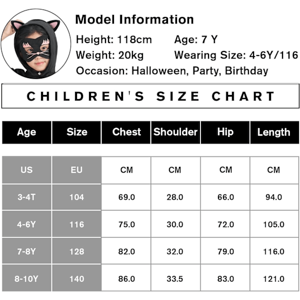 Musta Kissan Puku Lapsille, 3-osainen Haalarin ja Hupun kanssa, Hieno Pukeutumisasu, Pojat, Tytöt, Roolipeli Halloweeniin, Karnevaaliin, Juhliin 3-10 Vuotta 8-10 Jahre