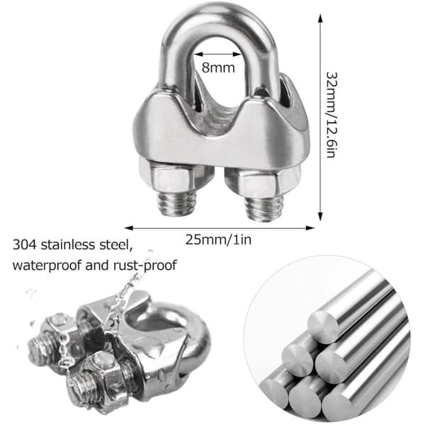 Kabelklemme i rustfritt stål M6 16 stk for 6 mm vaierfester U-klemmer