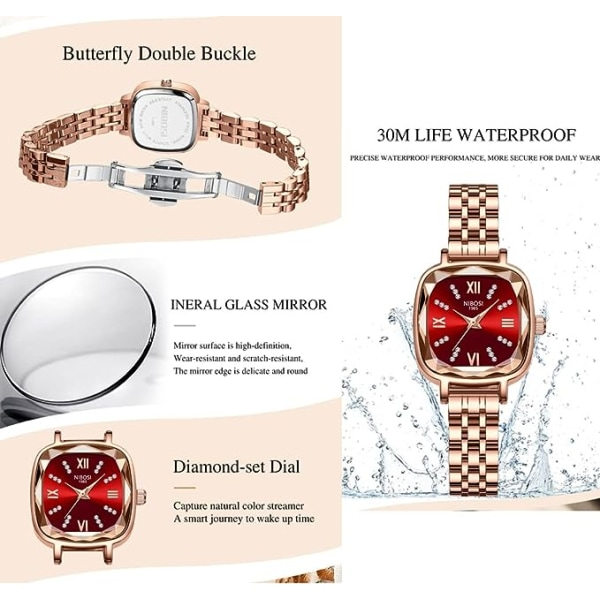 IC Dam Rose Gold Rød Grøn Ur Lille Kvadratisk Elegant Kjole Diamant Analog Kvarts Luksus Klassisk Mode Vandafvisende Rustfrit