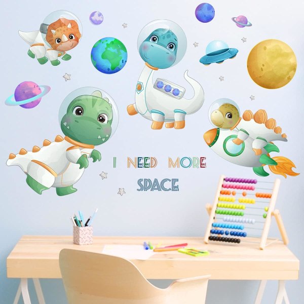 IC Outer Space Dinosaur Väggdekor for pojkrummet, Akvarell Väggdekal for barns soverom, Stor veggdekor for dagen