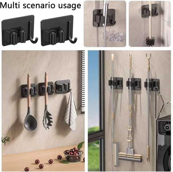 Mop Holder - with - 6 - Pieces - Self-Adhesive - Wall Mounted - Mop - Wall Mount - Broom - Mop Hook - Easy - Installation