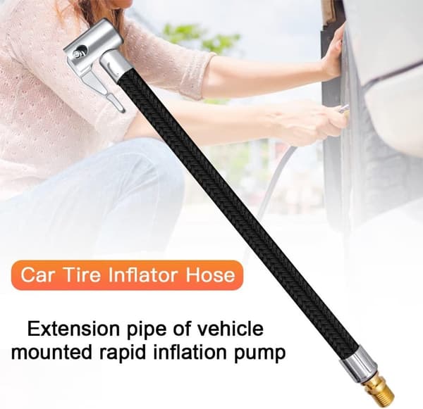 Däckpump förlängningsslang med ventiladapter, nylonflätad gummislang, för bil-, motorcykel- och cykeldäck, 10 cm, svart