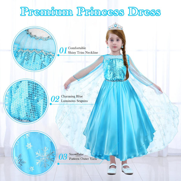 ELSA-asu Tytöille 9 osainen setti ELSA-mekko lapsille kruunun tiara-hanskojen ja taikakepin kanssa jouluun naamiaisiin karnevaaliin halloweeniin syntymäpäiväjuhliin 100 cm