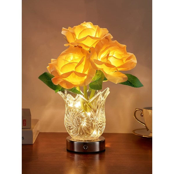 IC Bordlampe Rose Lampe, Dimbar Blomsterlampe Berøringslampe, Oppladbart trådløst lys, Kunstig blomsterlampe med glassvase, Liten lampe