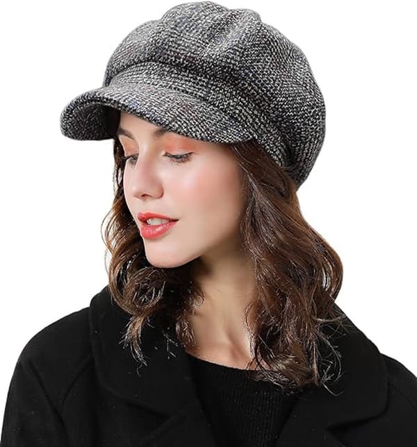 Vinterkeps för kvinnor, varm ullblandning med brätte, Baker-hatt för vardagsbruk, svart, 56-59 cm