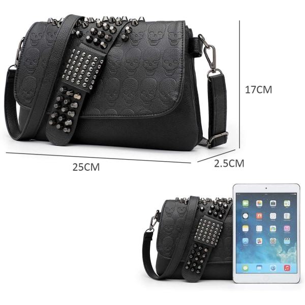 IC Gothic Skull Nit Dubbad Crossbody-väska för damer PU-läder Messenger-axelväska Armbandsväska Plånboksväska