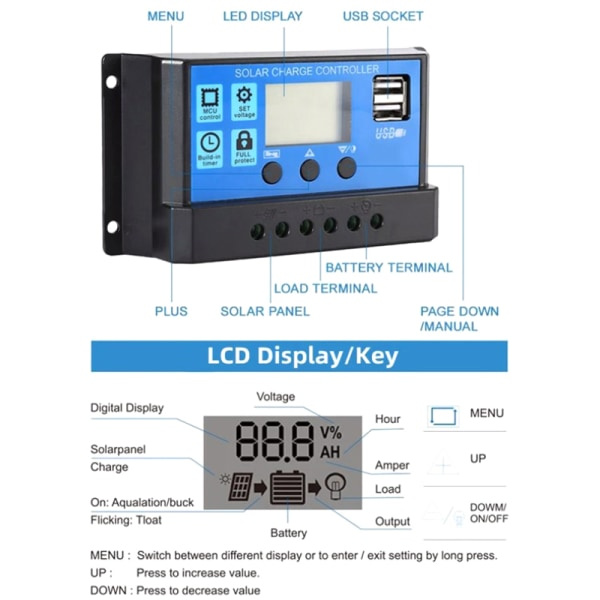 Oppgradert 10A 20A 30A Solcellekontroller 12V/24V Auto Solcellepanel 30A