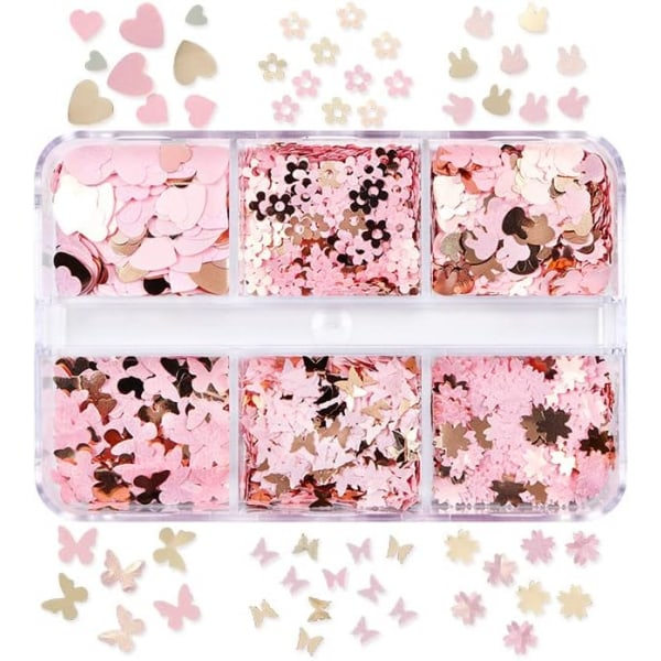 IC 3D Hjärta Nagelkonst Glitter Rosa Fjäril Stjärna Design Nagelpaljetter Sparkle Flakes för Nagelkonst Tillbehör, Alla Hjärtans Dag Naglar