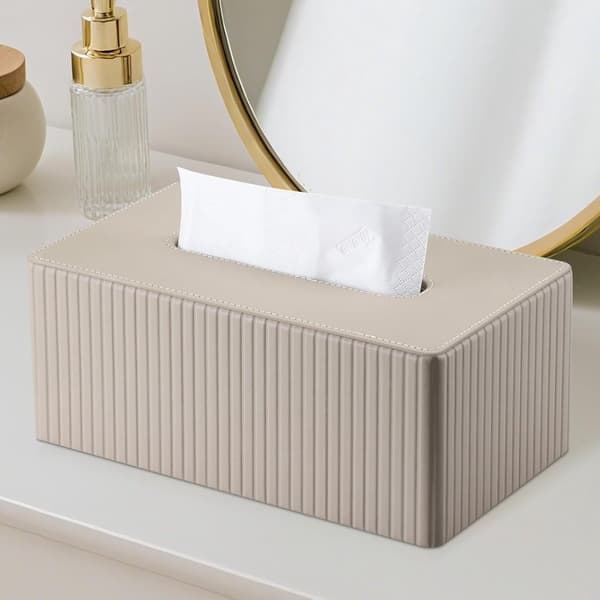 Rektangulær servietboks, ribbet PU-læder med magnetisk lukning, til hjem og kontor, mælketé, 25 x 13,5 x 10 cm