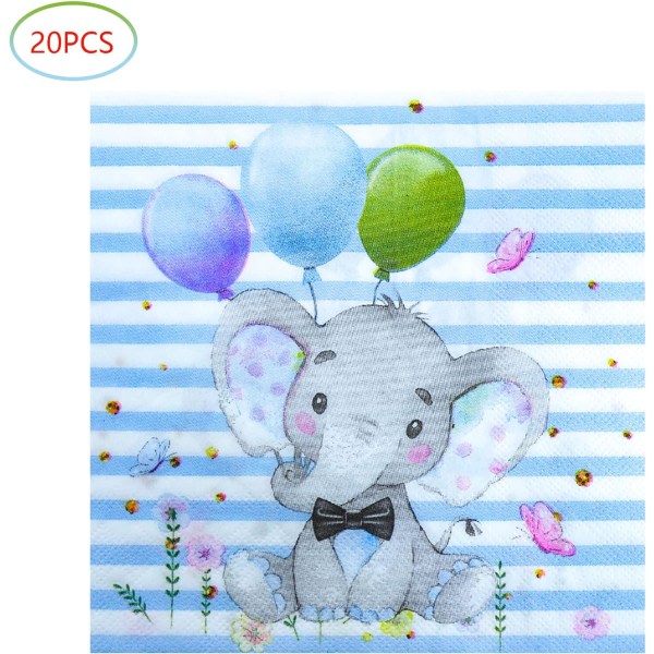 IC Elephant Baby Shower, Blue Elephant Birthday Party Supplies, 20 tallrikar och 20 servetter, elefanttema födelsedagsfestdekoration för pojke